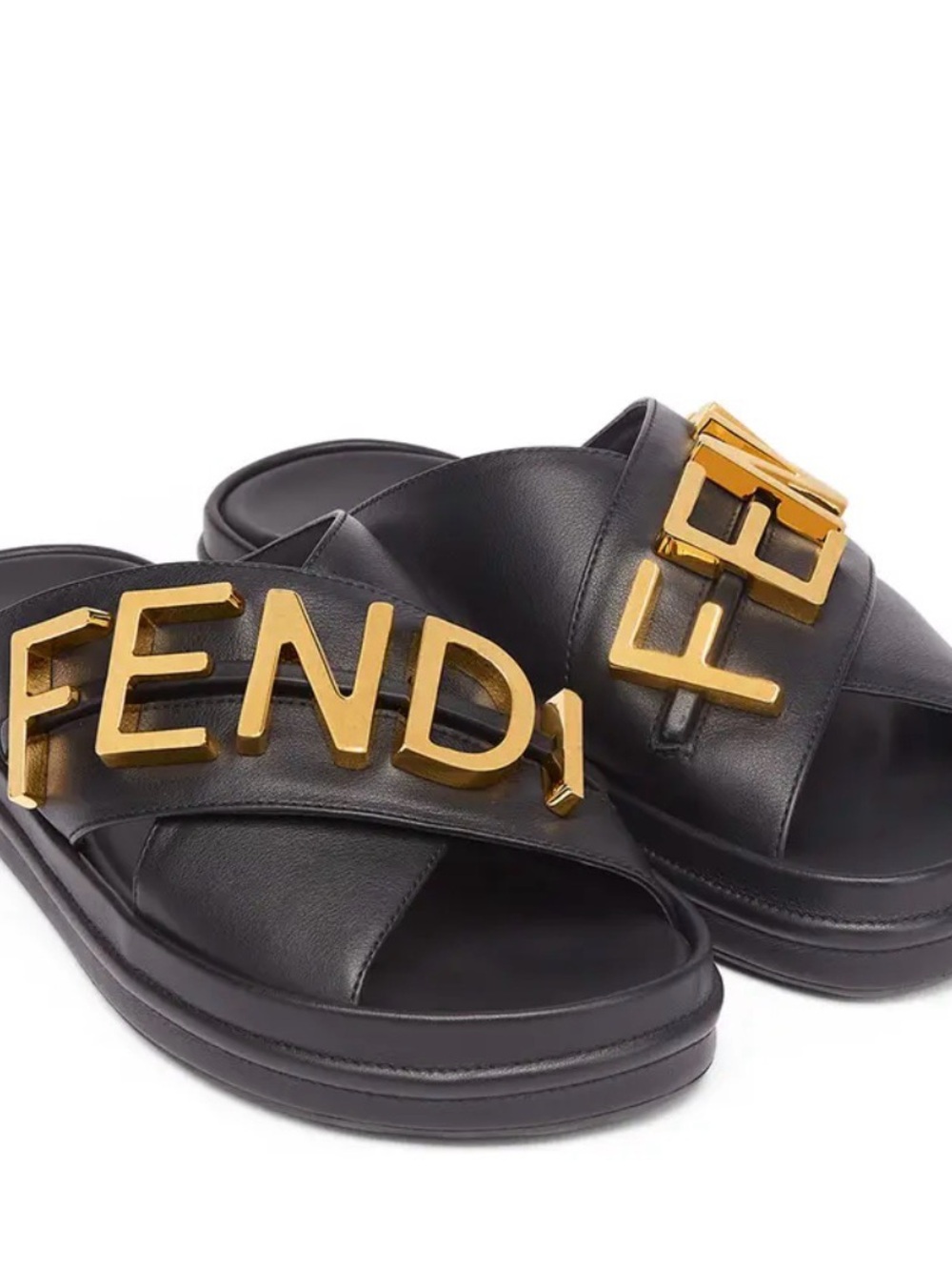 Fendi Black Leather Slides with Gold Logo Letters